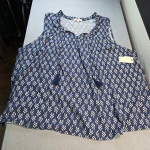 Angels Forever Young Womens 3X Navy Blue Leaf Print Tassel Tie Ruffle Blouse NEW